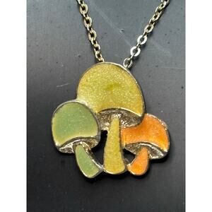 Shroom Pendant Necklace Green Orange Yellow Enamel Vintage Mushroom Jewelry